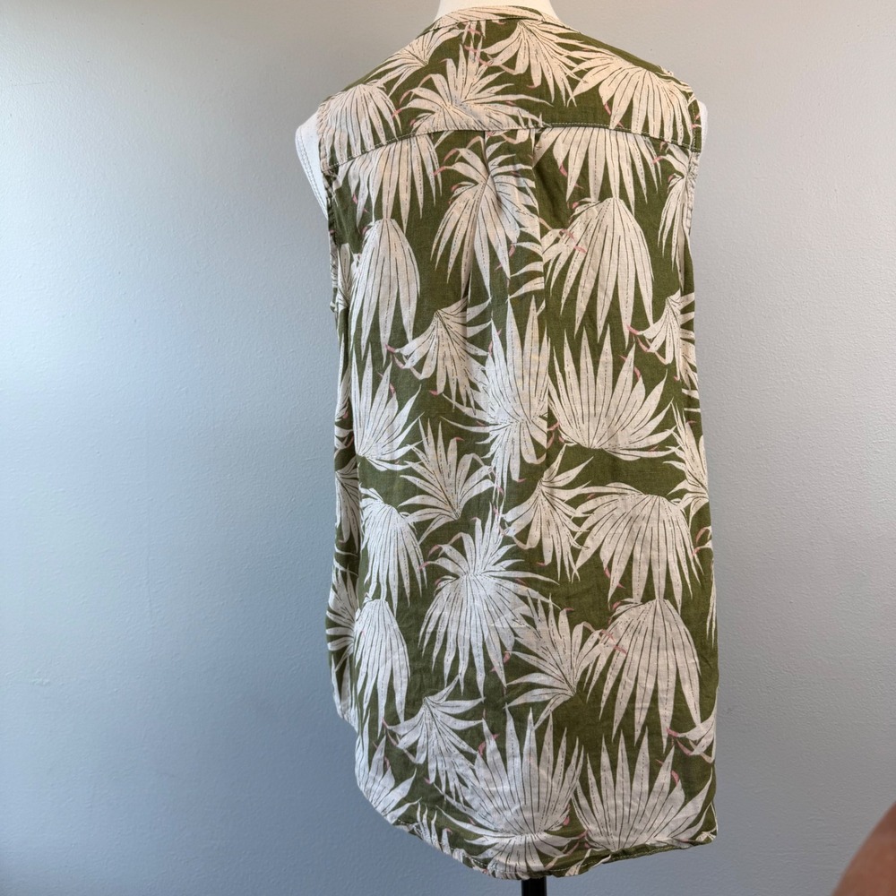 Tahari Small 100% Linen Sleeveless Button Up Blouse Tropical Palm Green Resort